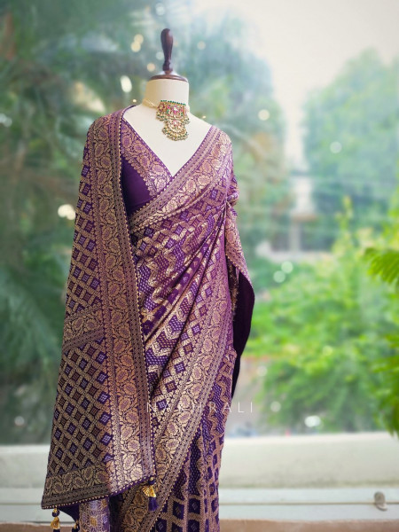 Riva Purple Georgette Bandhani Saree with Gota Lace