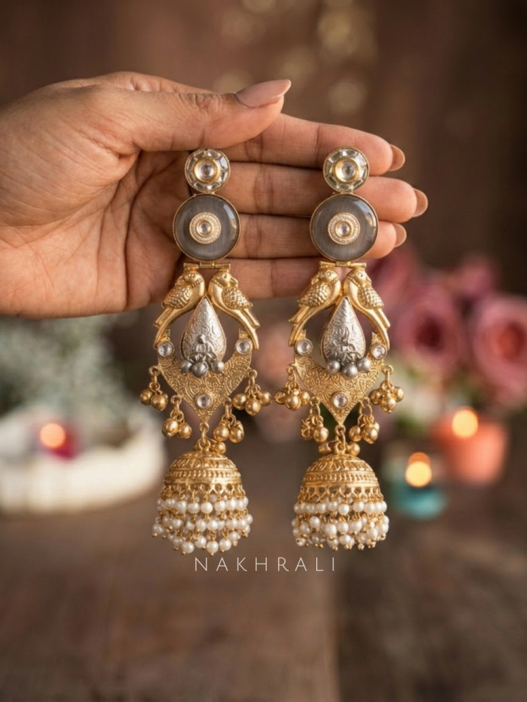 Image of Mayurrekha Grey Long Jhumka Earrings