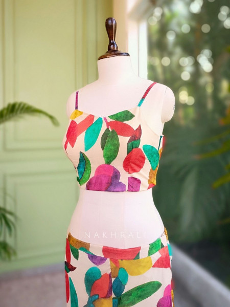Vibrant Bloom Multicolor Crop Top Palazzo Set with Cape