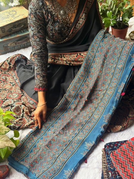Amal Blue  Modal Saree with Ajrak Print