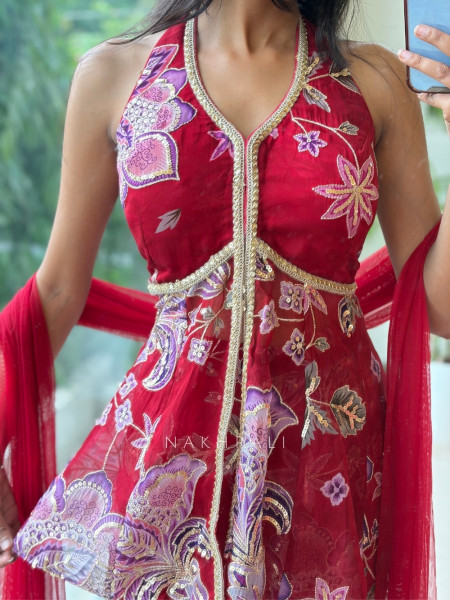 Gulbahar Maroon Indo-Western Peplum Sharara Set
