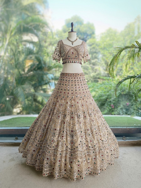Ruby Kundan  Beige Satin Lehenga