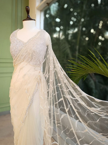 Lumina White Net Saree with Cut Dana & Bead Work