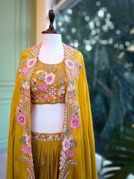 Ira Mustard Embroidered Crop Top Skirt Set with Cape Dupatta