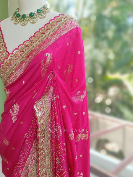 Surahi Magenta Pure Georgette Crepe Silk Bandhani Saree with Gota Patti Zardozi Border
