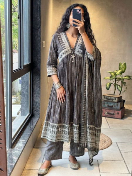 Trinaya Brown Cotton Anarkali Suit Set with Printed Work