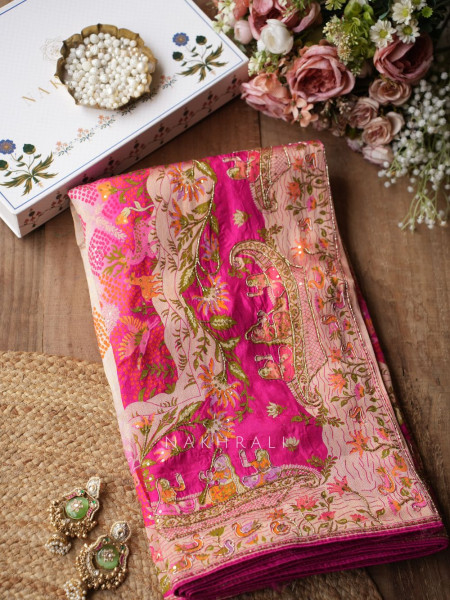 Heritage Bloom Red Gaji Silk Saree With Bandhani, Marodi & Gota Work