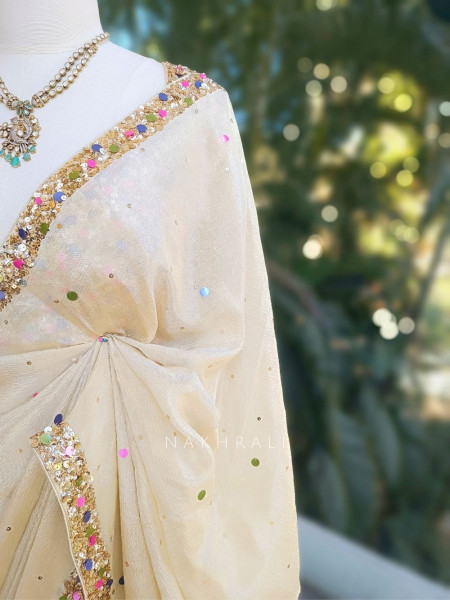 Eclipse Cream Crushed Tissue Saree with Sequin and Pearl Work
