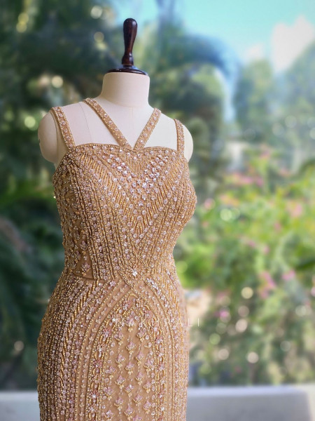 Aria Beige Sequin Cut Dana Gown with Pearl Detailing