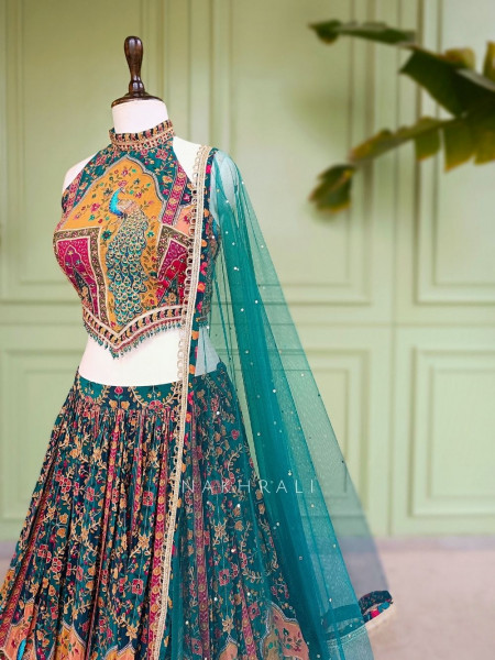 Gulnaar-e-Ishq Green Peacock Print Halter Neck Lehenga Set