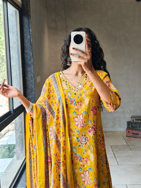 Kivora Mustard Floral Printed Kurta Pant Set with Mirror Neck