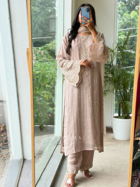 Afsaneh Pink Organza Blend Palazzo Suit Set