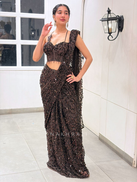 Vortex Brown Shimmer Net & Satin Pre-Draped Saree Set