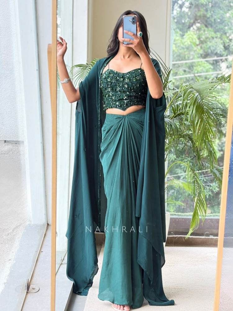 Image of Serpentine Emerald Green Viscose Georgette &amp; Satin Three-Piece Indo-Western