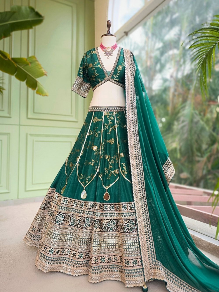 Image of Orvian Green Lehenga Set with Floral Weave Sequin Border Work