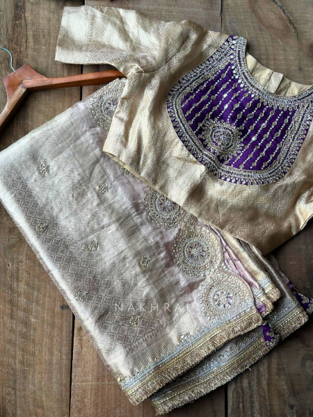 Kshira Purple Beige Designer Saree with Bead Stone Embroidery Blouse