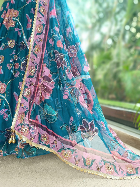 Nishaara Teal Blue Organza Silk Lehenga Set