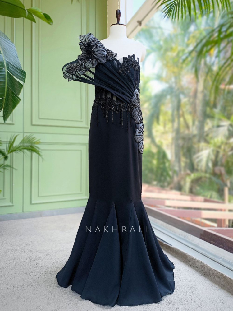 Image of Sylrix Black Statement Gown with 3D Floral Sequin Embroidery