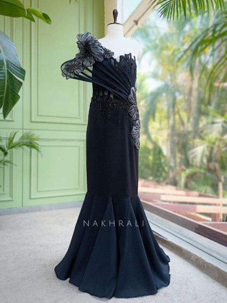 Sylrix Black Statement Gown with 3D Floral Sequin Embroidery