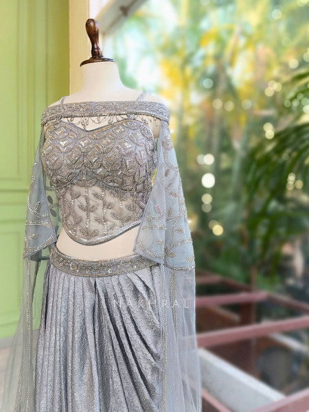 Naya Grey Indo-Western Crop Top Skirt Set with Cut Dana Sequin Work