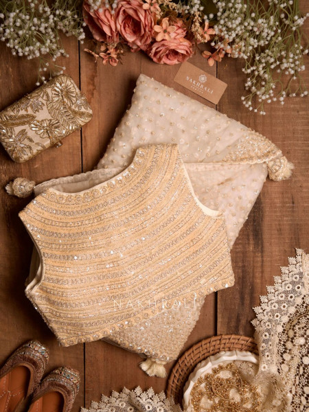 Chandelier Cream Net Saree with Sequin and Cut Dana Blouse