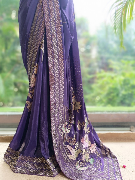 Vionika Plum Purple Chiffon-Crepe Saree With Chevron Zari Border & Floral Embroidery