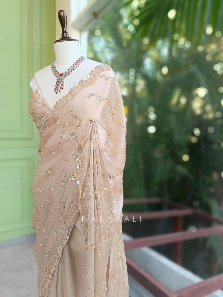 Rimsun Beige Sequin & Bead Embellished Saree