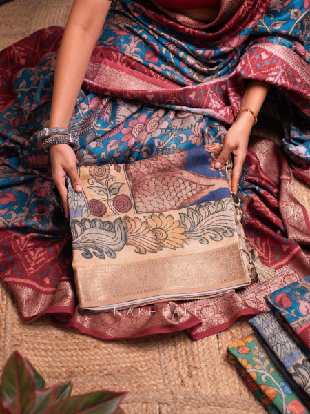 Pushp Blue  Kalamkari Saree with Traditional  Art Prints