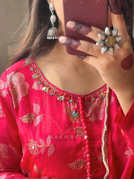 Vashti Magenta Chinon Floral Anarkali with Zari & Bead Work