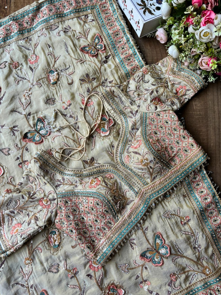 Image of Sia Sage Green Saree with Butterfly Embroidered Blouse Work