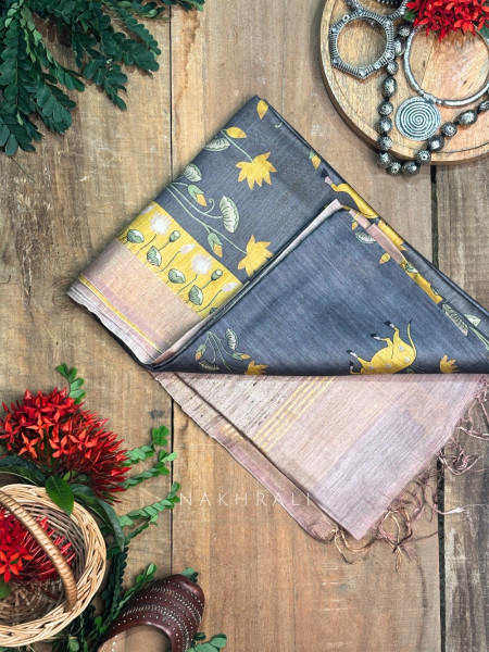 Chitrawali Charcoal Grey Tussar Silk Saree with Pichwai Art