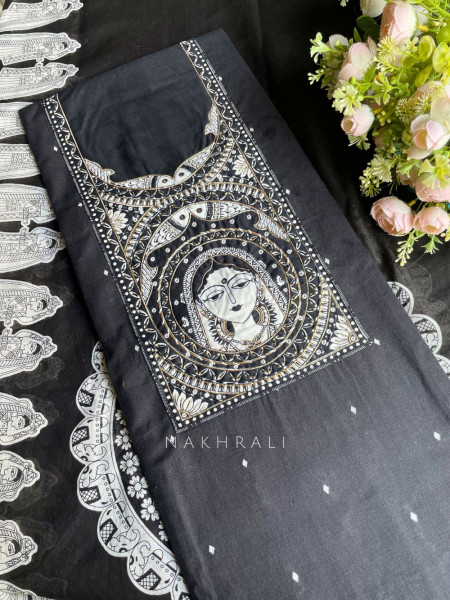 Cynera Black Cotton Dress Material with Madhubani Art Print