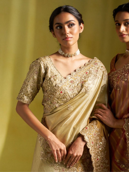 Beige Tissue Dola Silk Saree with Zardozi Border