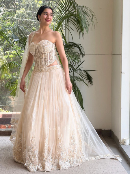 Cazelle Off White Net Indo Western Lehenga with Beads and Sequin Work