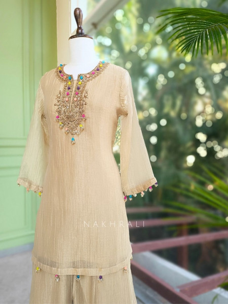 Meherza Cream Embroidered Kurta Sharara Set with Dupatta