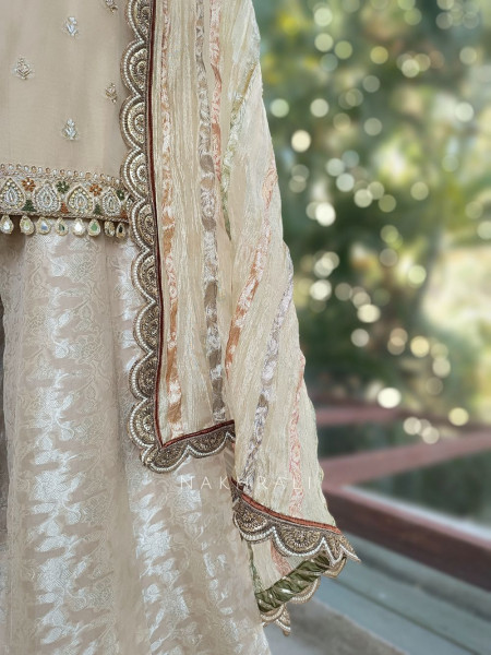 Swarnak Beige Suit Set with Zari Embroidery Work