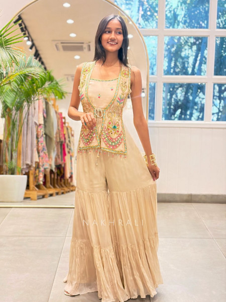 Sorella Beige Indo-Western Sharara Set with Beads Sequin Work