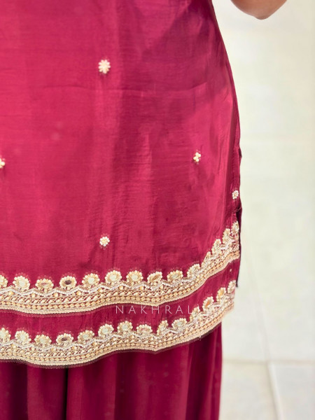 Kivra Wine Silk Kurta Palazzo Set with Sequin Bead Work