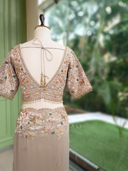 Mrigpushp Ivory Tissue Satin Designer Saree with Readymade Blouse