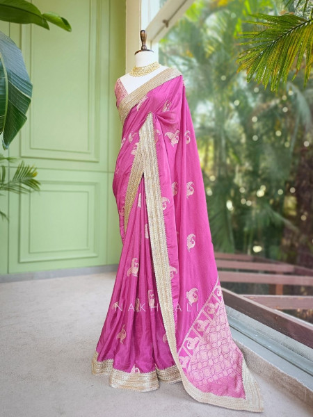 Tavira Raspberry Saree with Broad Border and Unstitched Blouse Piece