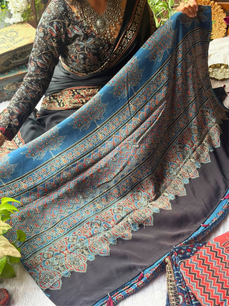 Amal Blue  Modal Saree with Ajrak Print