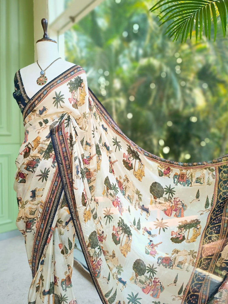 Image of Nerix Black Printed Saree with Scenic Motif Border