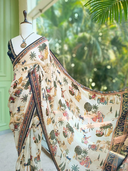 Nerix Black Printed Saree with Scenic Motif Border