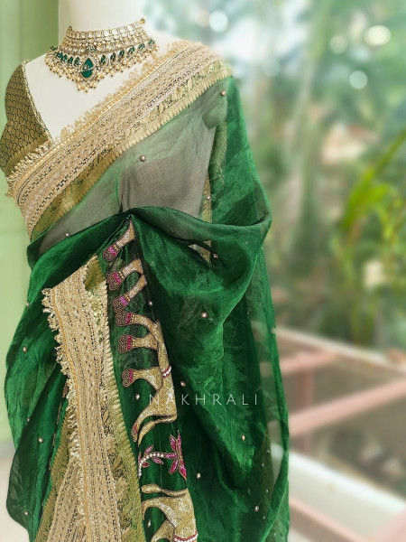 Vraj Ras Green Banarasi Tissue Silk Saree – Hand Embroidery & Zari Border