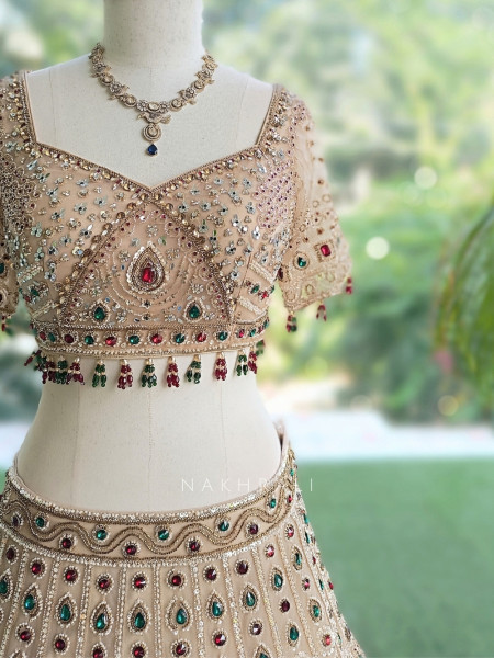 Ruby Kundan  Beige Satin Lehenga