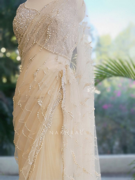 Lumina White Net Saree with Cut Dana & Bead Work