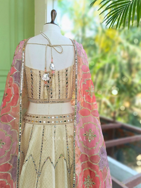 Darpan Pink Silk Corset Lehenga with Mirror Work