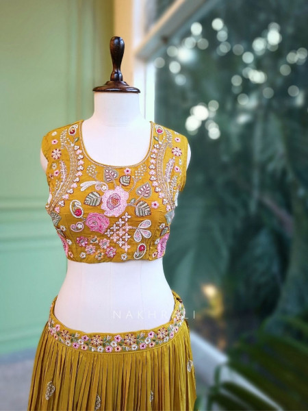 Ira Mustard Embroidered Crop Top Skirt Set with Cape Dupatta
