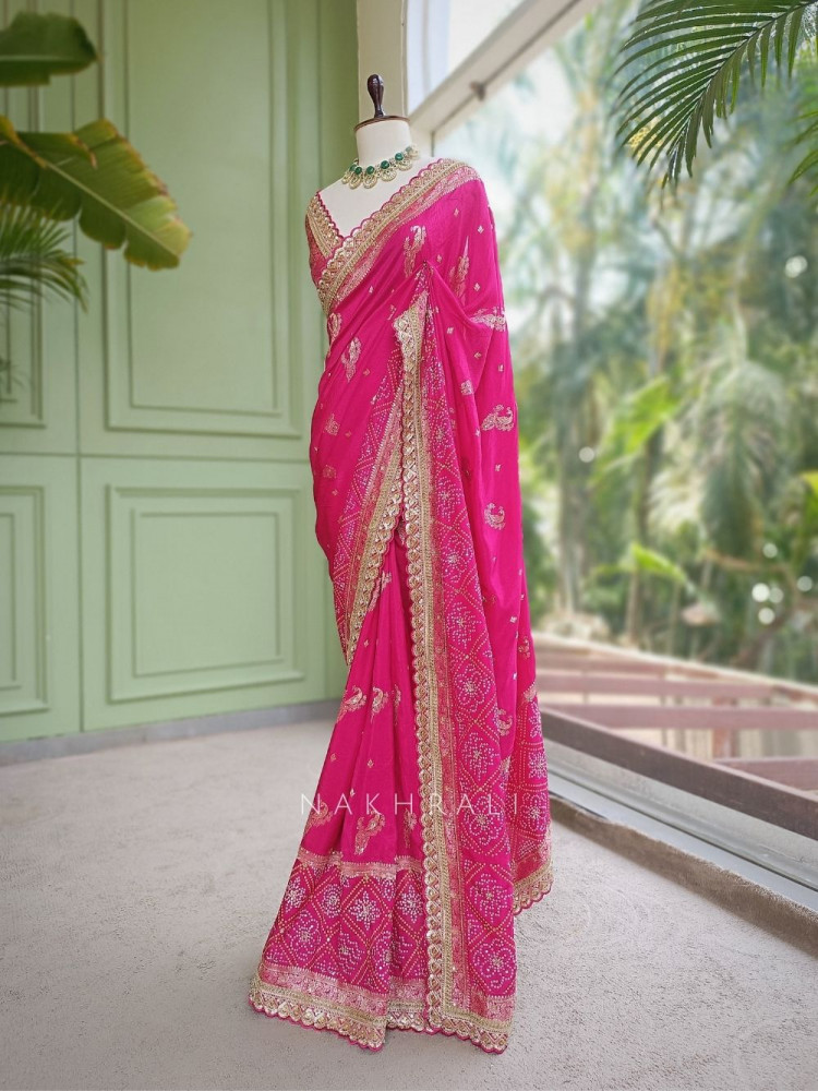 Image of Surahi Magenta Pure Georgette Crepe Silk Bandhani Saree with Gota Patti Zardozi Border