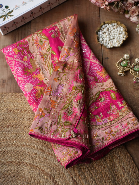 Heritage Bloom Red Gaji Silk Saree With Bandhani, Marodi & Gota Work